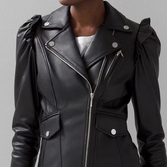 WHBM $500 Genuine Leather Motorcycle Moto Jacket Ruffled Shoulders M - Picture 12 of 12